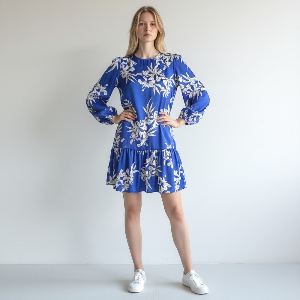 Alexis Floral Satin Mini Dress Large Blue White Long Sleeve No belt